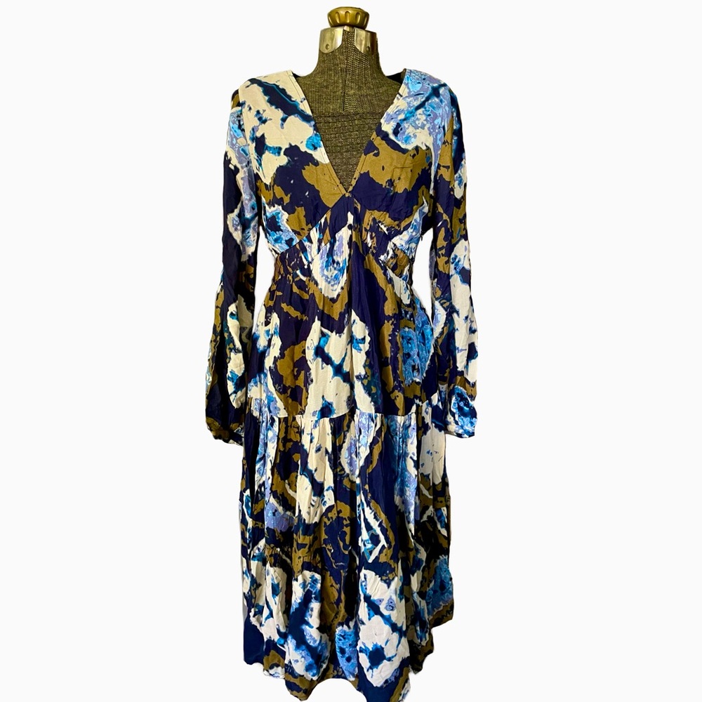 Anthropologie Othilia Blue Tiered Ruffled Maxi Dress Long Sleeve Size L